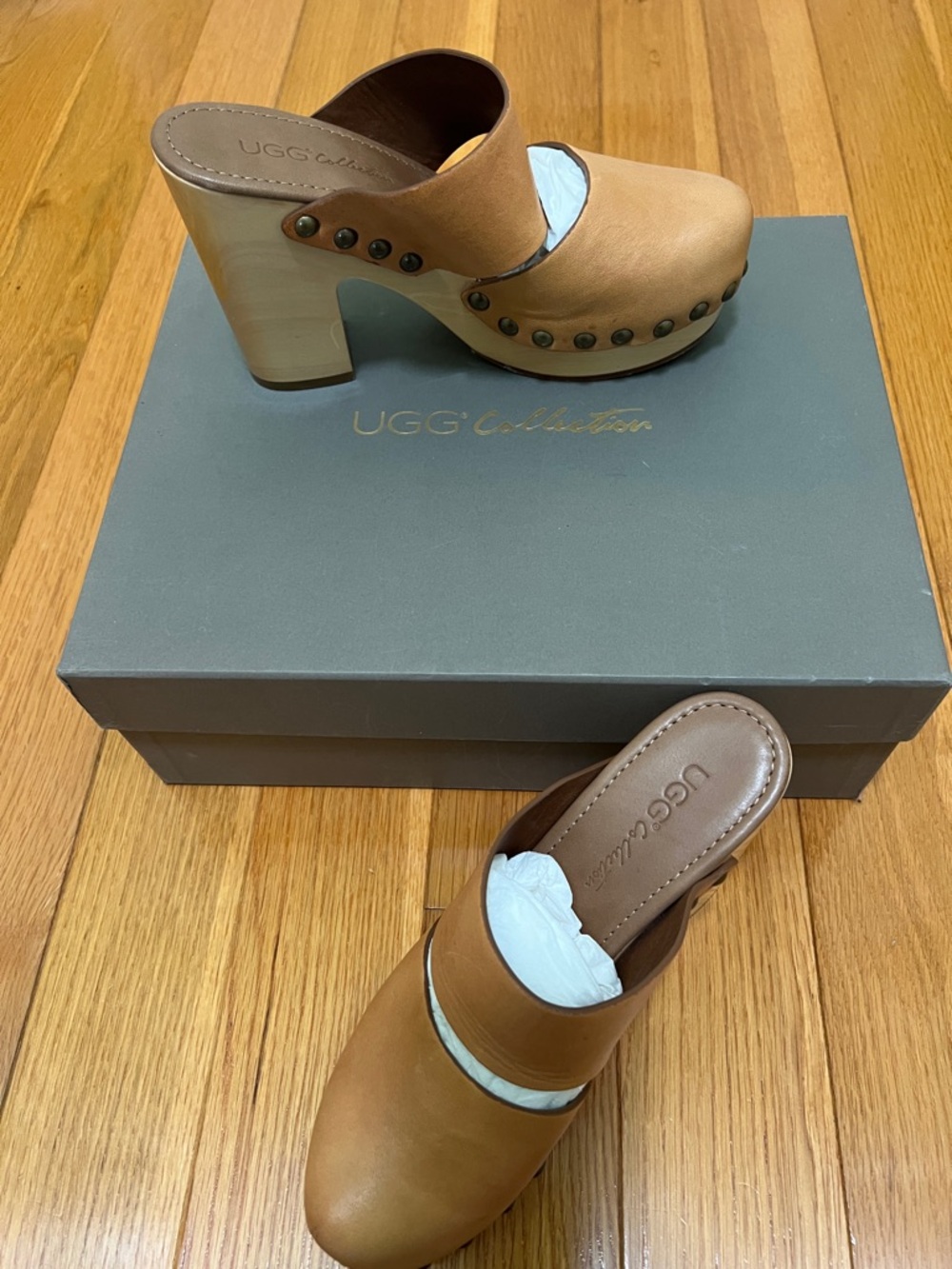 UGG Tan Leather Studded Clog Mules